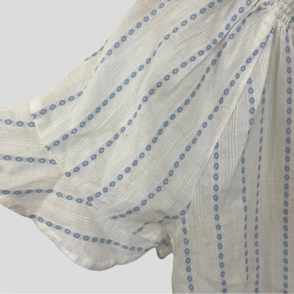 Paige White + Blue Embroidered Tie Waist Tassel Detail Cropped Shirt Size XS